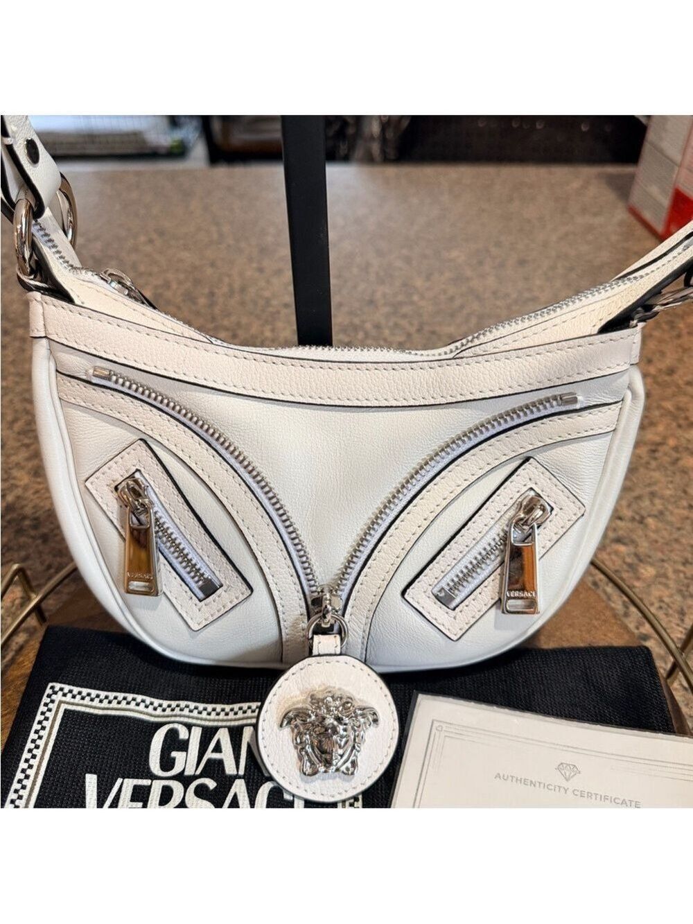 Versace Mini Repeat White Leather Crossbody Bag